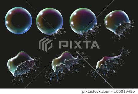 Rainbow soap bubbles explosion animation. Bubble explodes into soapy splattering, iridescent sphere burst slow motion animated frames vector set 106019490