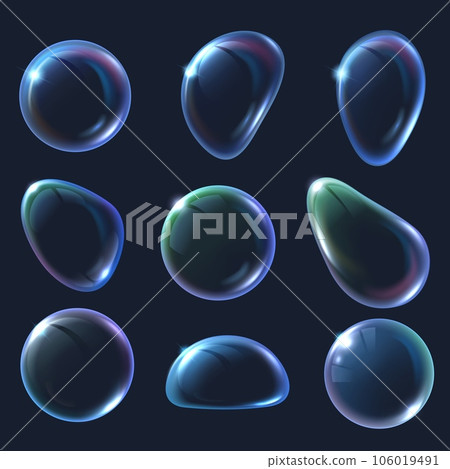 Realistic 3D soap bubble. Soapy bubbles in various shapes, iridescent glossy sphere surface and abstract blob forms isolated vector illustration set 106019491