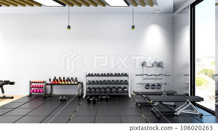 Modern gym interior with sport and fitness gym equipments, fitness center interior, 3D Rendering Modern gym interior with sport and fitness gym equipments, fitness center interior, 3D Rendering 106020263