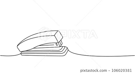 Office stapler, school supplies one line continuous drawing. Back to school continuous one line illustration. Vector minimalist linear illustration. Office stapler, school supplies one line continuous drawing. Back to school continuous one line illustration. Vector minimalist linear illustration. 106020381