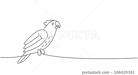 Tropical parrot, exotic bird one line continuous drawing. Animals accessories, pet toy supplies continuous one line illustration. Tropical parrot, exotic bird one line continuous drawing. Animals accessories, pet toy supplies continuous one line illustration. 106020391