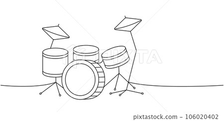 Drum kit one line continuous drawing. Musical instruments continuous one line illustration. Vector minimalist linear illustration. 106020402