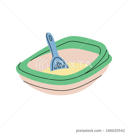 Pet toilet, cat litter box with scoop. Animals accessories, pet toy supplies. Vector illustration. 106020542