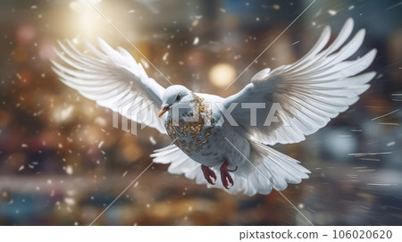 Majestic white bird in flight. A white bird flying through the air with it's wings spread. The white dove is the bird of the world. 106020620
