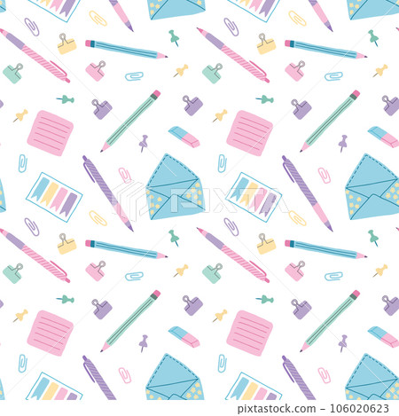 Seamless pattern stationery school supplies. Education, self learning, online learning at home. Vector isolated on white. Back to school theme design 106020623