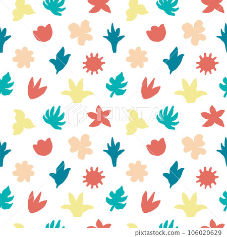 Pattern from abstract spots floral elements. Minimalist Botanical Geometric Seamless Pattern. Vector Isolated on White Background. Modern, Cubist, Childish Background. 106020629