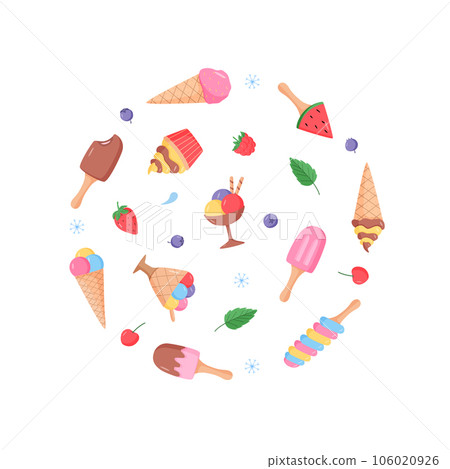 Ice cream and berries set of bright colored icons. Vector illustration of summer desserts popsicles, ice cream in waffle cones, strawberry cherry raspberry mint blueberry. Ice cream and berries set of bright colored icons. Vector illustration of summer desserts popsicles, ice cream in waffle cones, strawberry cherry raspberry mint blueberry. 106020926