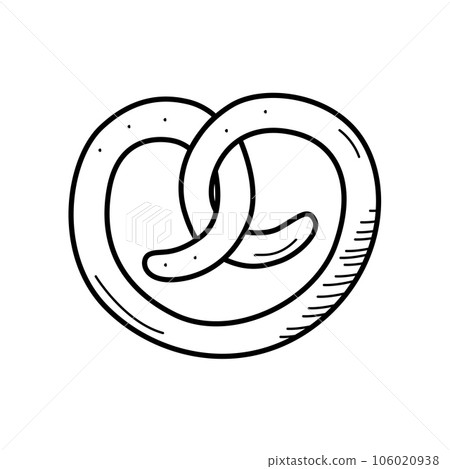 Wheat pretzel, cartoon doodle baking icon. Vector illustration of snack logo isolated on white. 106020938