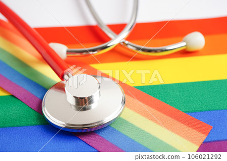 LGBT symbol, Stethoscope with rainbow ribbon, rights and gender equality, LGBT Pride Month in June. 106021292