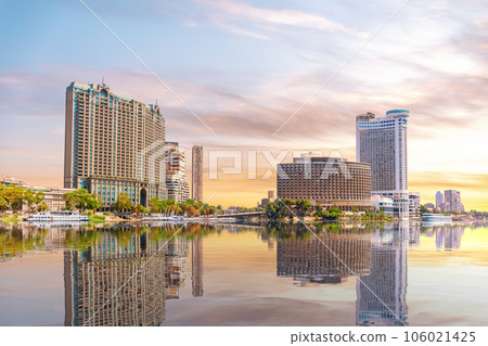The Nile river with buildings water reflections, beautiful Cairo scenery, Egypt The Nile river with buildings water reflections, beautiful Cairo scenery, Egypt 106021425