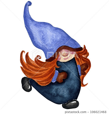 Watercolor illustration of cute family gnomes in hats isolated on the white background.  106021468