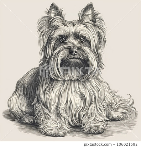 Yorkshire terrier, engraving style, close-up portrait, black and white drawing, cute dog Yorkshire terrier, engraving style, close-up portrait, black and white drawing, cute dog 106021592