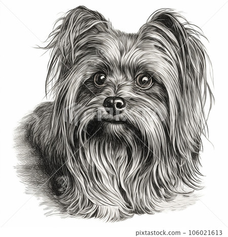 Yorkshire terrier, engaving style, close-up portrait, black and white drawing, cute dog Yorkshire terrier, engaving style, close-up portrait, black and white drawing, cute dog 106021613