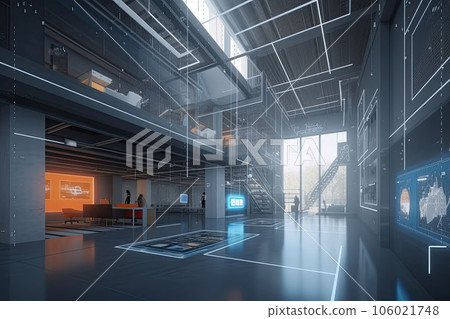 Interior of smart network house. Big data connection technology concept. Generative AI 106021748