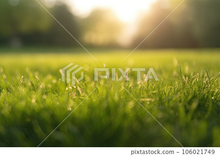 Neatly trimmed lawn on blurred spring background. Ground level view. Generative AI Neatly trimmed lawn on blurred spring background. Ground level view. Generative AI 106021749