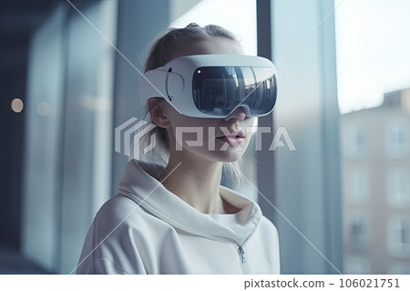 Woman using virtual reality headset. VR gadgets, , education online or game concept. Generative AI Woman using virtual reality headset. VR gadgets, , education online or game concept. Generative AI 106021751