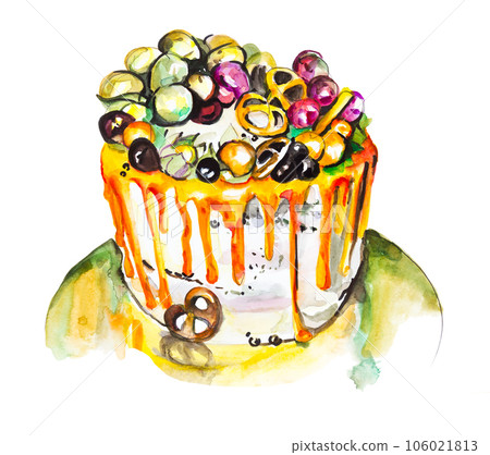 Fruit cake with meringue, watercolor drawing isolated on white background 106021813