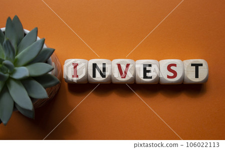 Invest symbol. Wooden blocks with word Invest. Beautiful orange background with succulent plant. Business and Invest concept. Copy space. 106022113
