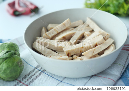boiled Chicken fillet and vegetables on table . 106022191
