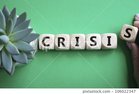 Crisis symbol. Concept word Crisis on wooden cubes. Businessman hand. Beautiful green background with succulent plant. Business and Crisis concept. Copy space. 106022347