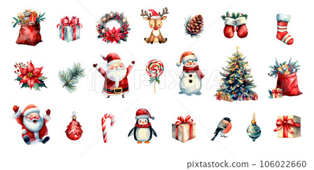 Set of christmas watercolor elements. Holidays clipart for christmas card, sticker and print. 106022660