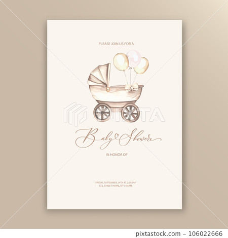 Cute baby shower watercolor invitation card for baby and kids new born celebration with toys and balloons. Cute baby shower watercolor invitation card for baby and kids new born celebration with toys and balloons. 106022666