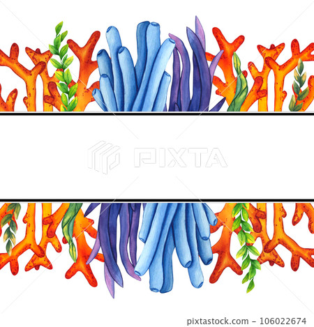 Frame. Watercolor green blue seaweed and coral. Sea plant isolated on white background. Hand painted illustrations underwater grass for kids print, decoration and design 106022674