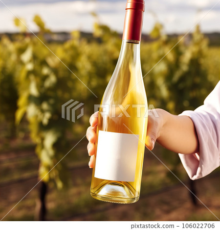 Wine bottle label mockup, man holding wine bottle with blank white label in his hand, standing outdoors 106022706