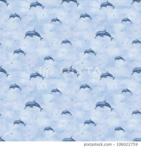 Watercolor underwater seamless pattern of swimming dolphins. Illustration isolated on background of the blue sea. Simple print for design, background, menus, fabric, textile, wrapping. 106022759