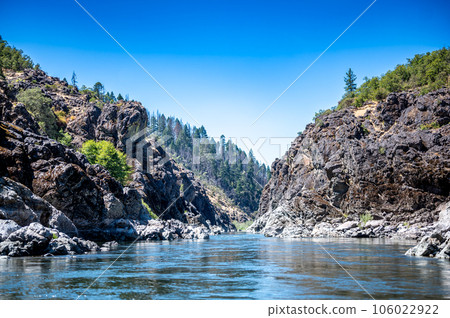 defocused Water level view of Hellgate Canyon on the wild and scenic Rogue River  106022922
