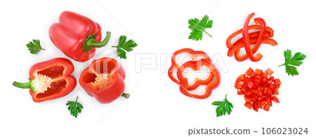 red sweet bell pepper isolated on white background. Top view. Flat lay 106023024