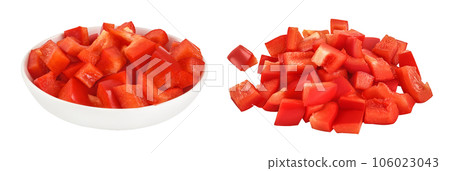 slices of red sweet bell pepper in ceramic bowl isolated on white background with full depth of field 106023043