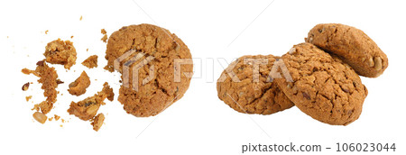 oatmeal cookies with flax, pumpkin and sunflower seeds with full depth of field. Top view. Flat lay 106023044