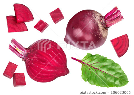 beetroot half and slice isolated on white background with full depth of field. Top view. Flat lay 106023065