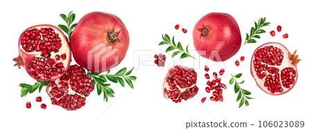 Pomegranate isolated on white background with full depth of field. Top view. Flat lay 106023089