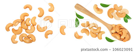 Roasted Cashew nuts isolated on white background with full depth of field. Top view. Flat lay 106023091