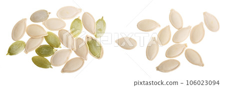Pumpkin seeds or pepitas, isolated on white background. Top view. Flat lay Pumpkin seeds or pepitas, isolated on white background. Top view. Flat lay 106023094