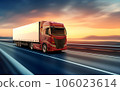 Generic and unbranded red truck speed driving on asphalt road, 3D illustration 106023614