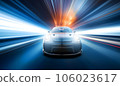 Generic and unbranded sport car speed driving in a blue tunnel, 3D illustration 106023617