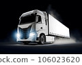 Generic and unbranded white truck on a dark smoky background, 3D illustration 106023620