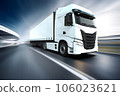 Generic and unbranded white truck speed driving at daytime, 3D illustration 106023621