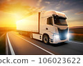 Generic and unbranded white truck speed driving at sunset, 3D illustration 106023622