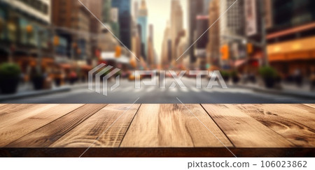 The empty wooden table top with blur background of NYC street. Exuberant. The empty wooden table top with blur background of NYC street. Exuberant. 106023862