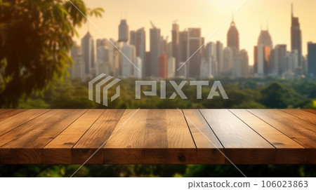 The empty wooden table top with blur background of nature skyline. Exuberant. The empty wooden table top with blur background of nature skyline. Exuberant. 106023863