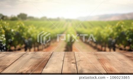 The empty wooden table top with blur background of vineyard. Exuberant. 106023865