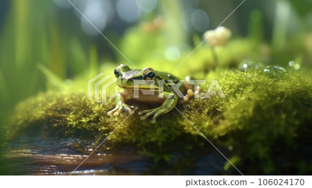 photo of a frog, macro photography , stream of fresh water, young green plant, outdoor springtime. generative ai AIG32 106024170