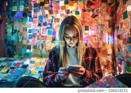 A young Scandinavian woman sitting at home and looking at mobile phone with holographic of news and social media data background. Generative AI AIG30. 106024231