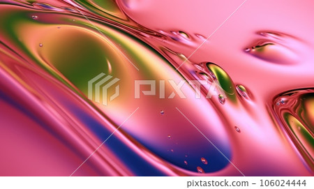 The close up of a glossy liquid surface in bright lime green and hot pink colors with a soft focus. Exuberant 3D illustration. 106024444