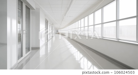 Hospital corridor with windows, in the style of bokeh, light gray, bauhaus, light white, skillful. Generative AI weber. Hospital corridor with windows, in the style of bokeh, light gray, bauhaus, light white, skillful. Generative AI weber. 106024503