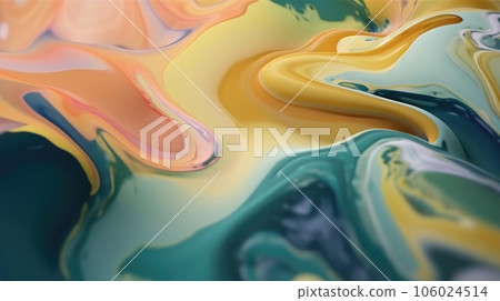 The close up of a glossy liquid surface abstract in green, blush pink, buttercup yellow, and navy blue colors with a soft focus. Exuberant 3D illustration. The close up of a glossy liquid surface abstract in green, blush pink, buttercup yellow, and navy blue colors with a soft focus. Exuberant 3D illustration. 106024514